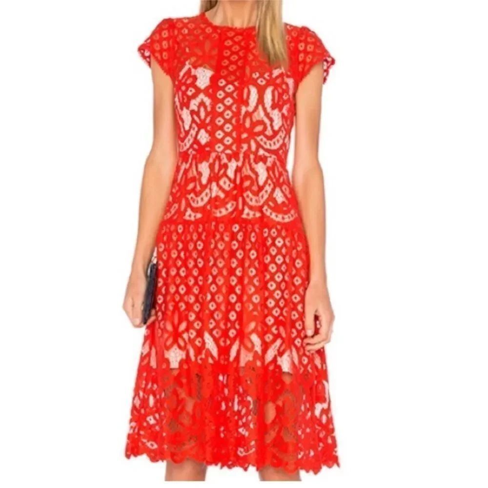Parker Vibrant Red Lace Midi Dress, S